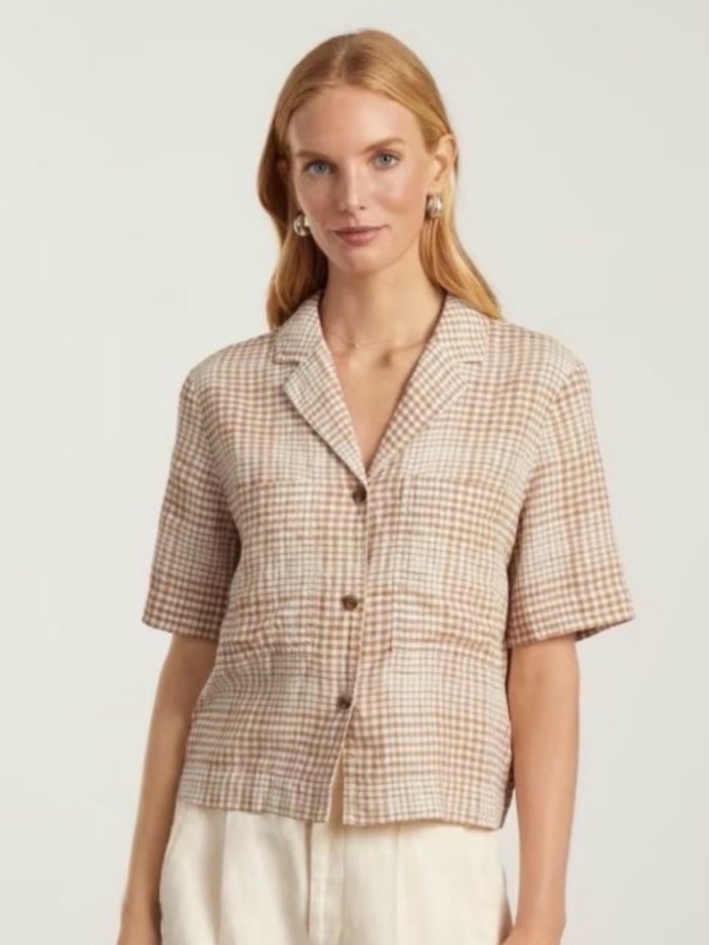 Everlane Gingham Paid Tan White Linen Button Up Top Crop M Short Sleeve Collared